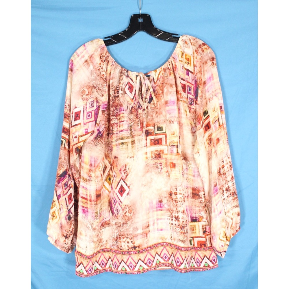 TOLANI Smooth SILK Orange/Pink WATERCOLORS Elastic Tie Neckline BLOUSE/TOP Sz M
